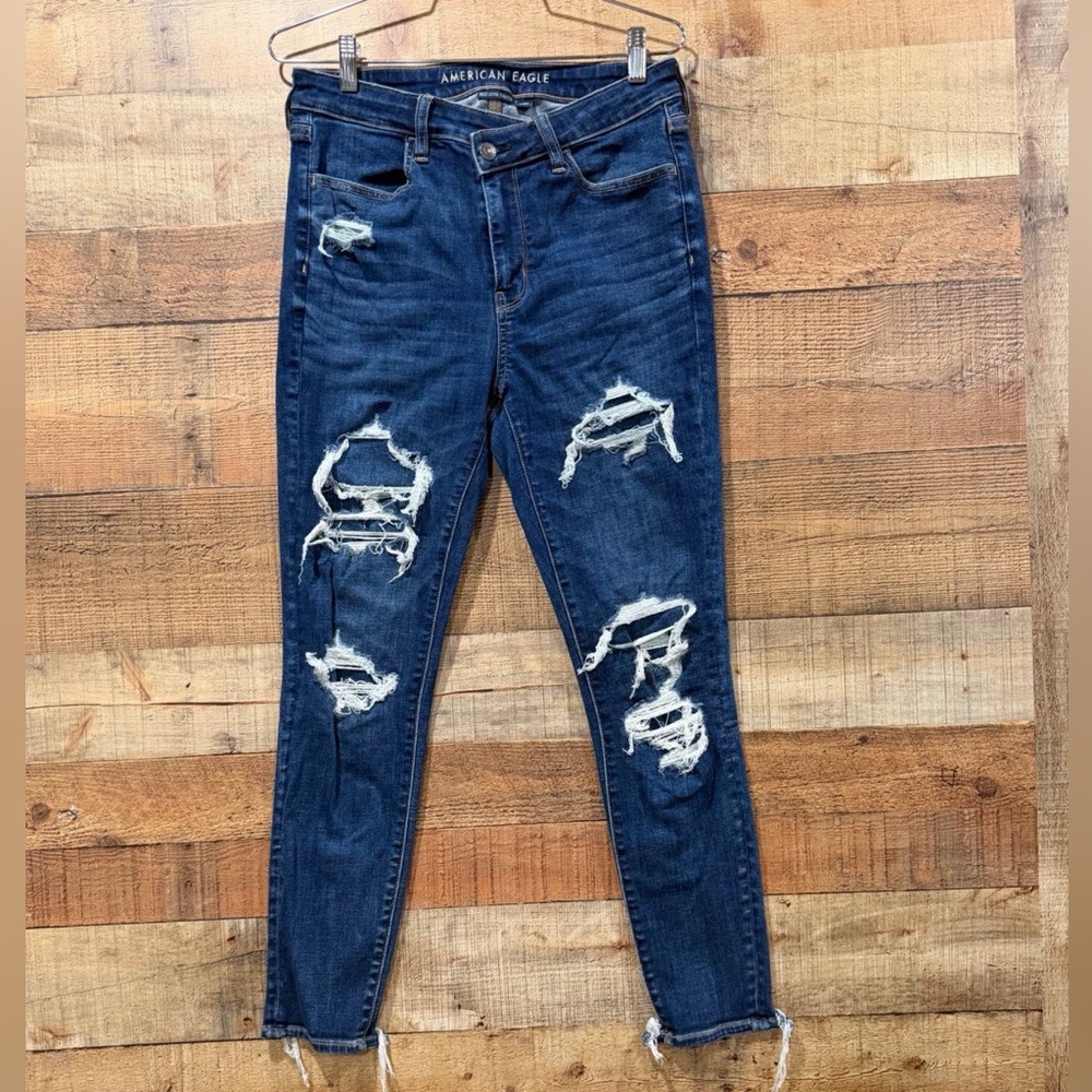 American Eagle Outfitters Women's Ripped Crossover Dark Blue Jeggings Size 8